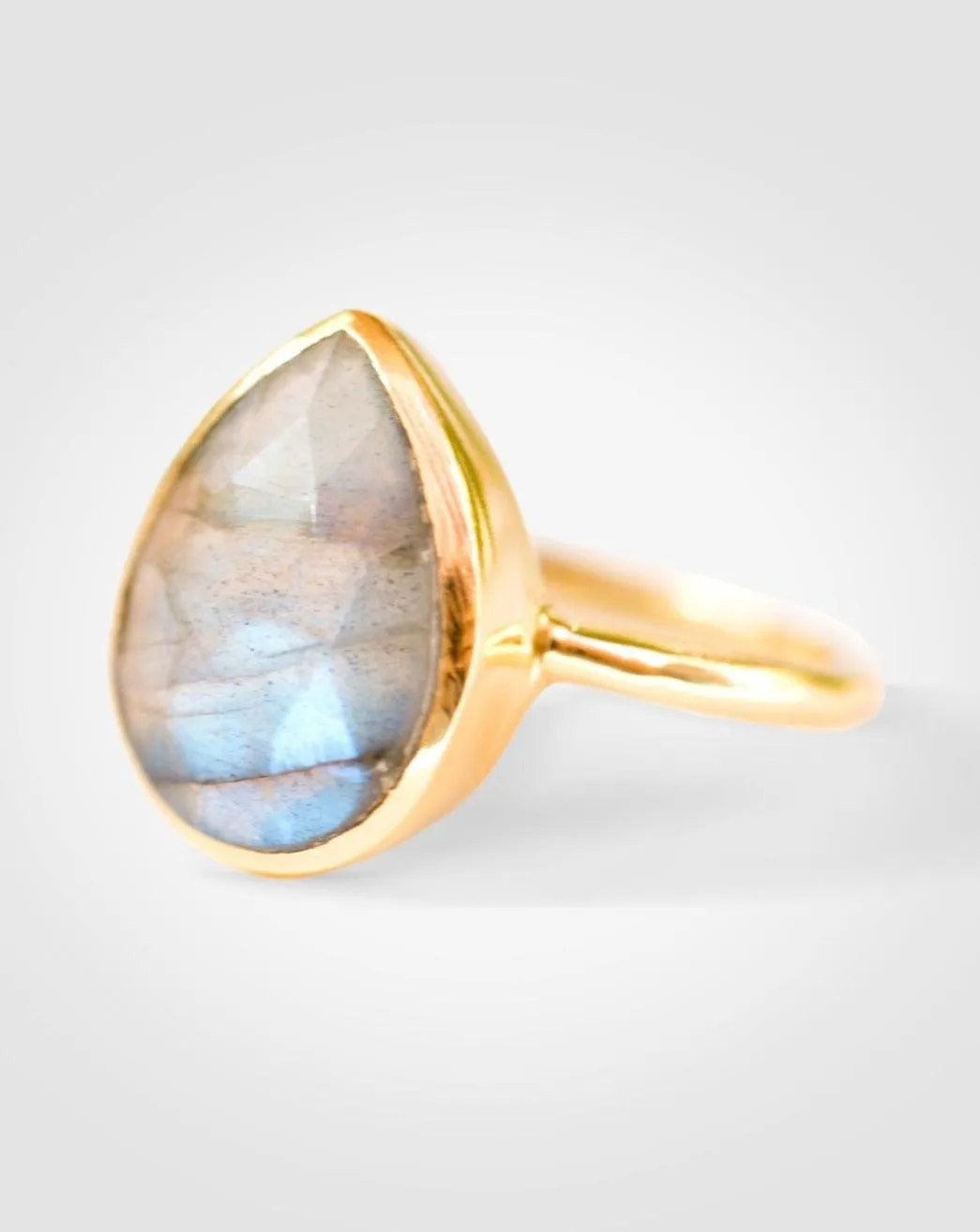 Lia Rainbow Labradorite Tear Drop Ring ~ 18k Gold Plated ~ MR009