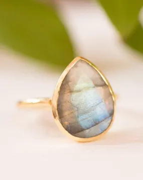 Lia Rainbow Labradorite Tear Drop Ring ~ 18k Gold Plated ~ MR009