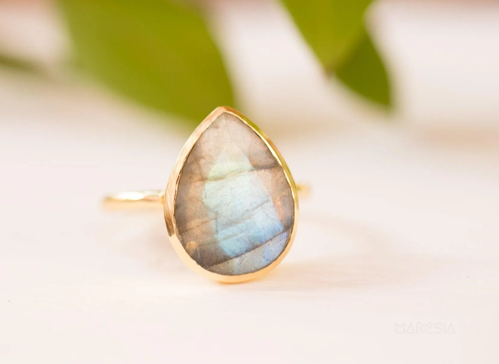 Lia Rainbow Labradorite Tear Drop Ring ~ 18k Gold Plated ~ MR009