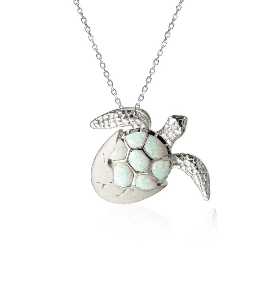 Life@Sea Genuine Sterling Silver Hatchling Sea Turtle Pendant Necklace with Synthetic Opal Accents