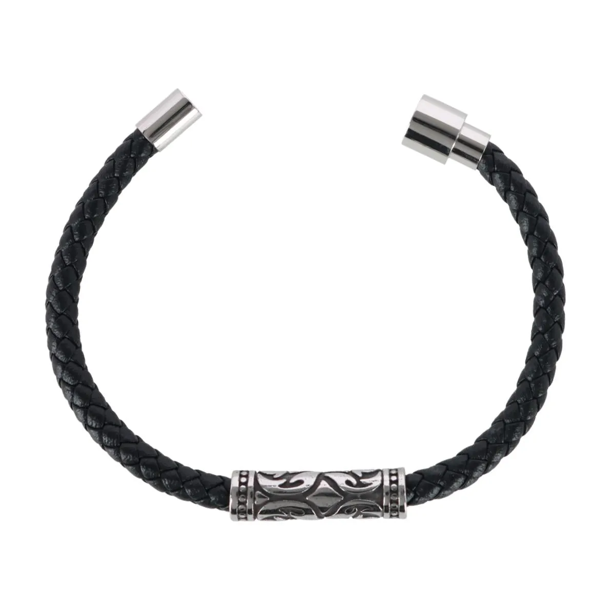 Loose Fit Silver Filigree Pattern on Black Leather Bracelet