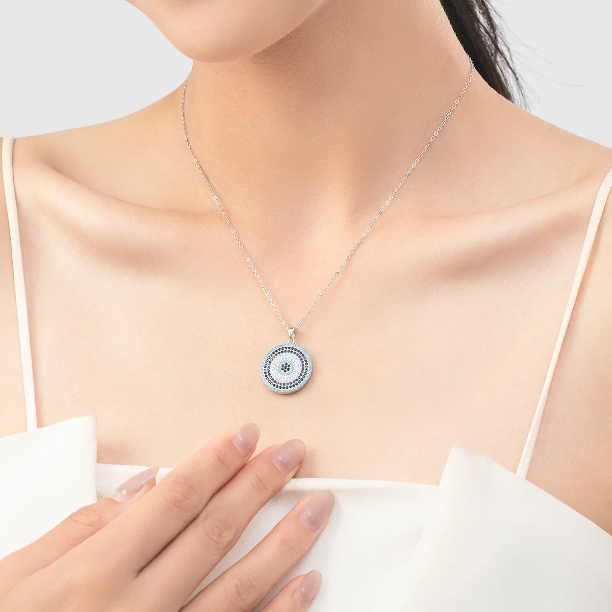 Luxurious Sterling Silver Devil's Eye Necklace with Zircon and Turquoise