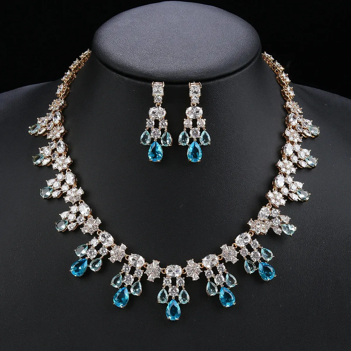 Luxury 2 Pcs White ,Red, Blue Necklace Earrings Set Cubic Zircon Women Wedding Party Jewelry Set CN11134