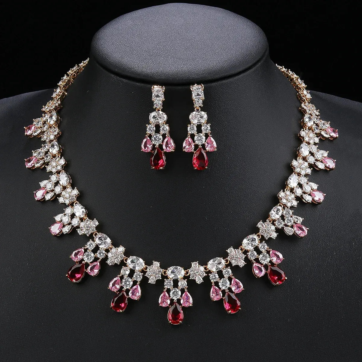 Luxury 2 Pcs White ,Red, Blue Necklace Earrings Set Cubic Zircon Women Wedding Party Jewelry Set CN11134