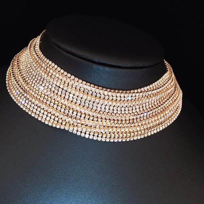 Luxury Jewelry Multilayer Choker Necklace for Women with Rhinestone in Gold Color