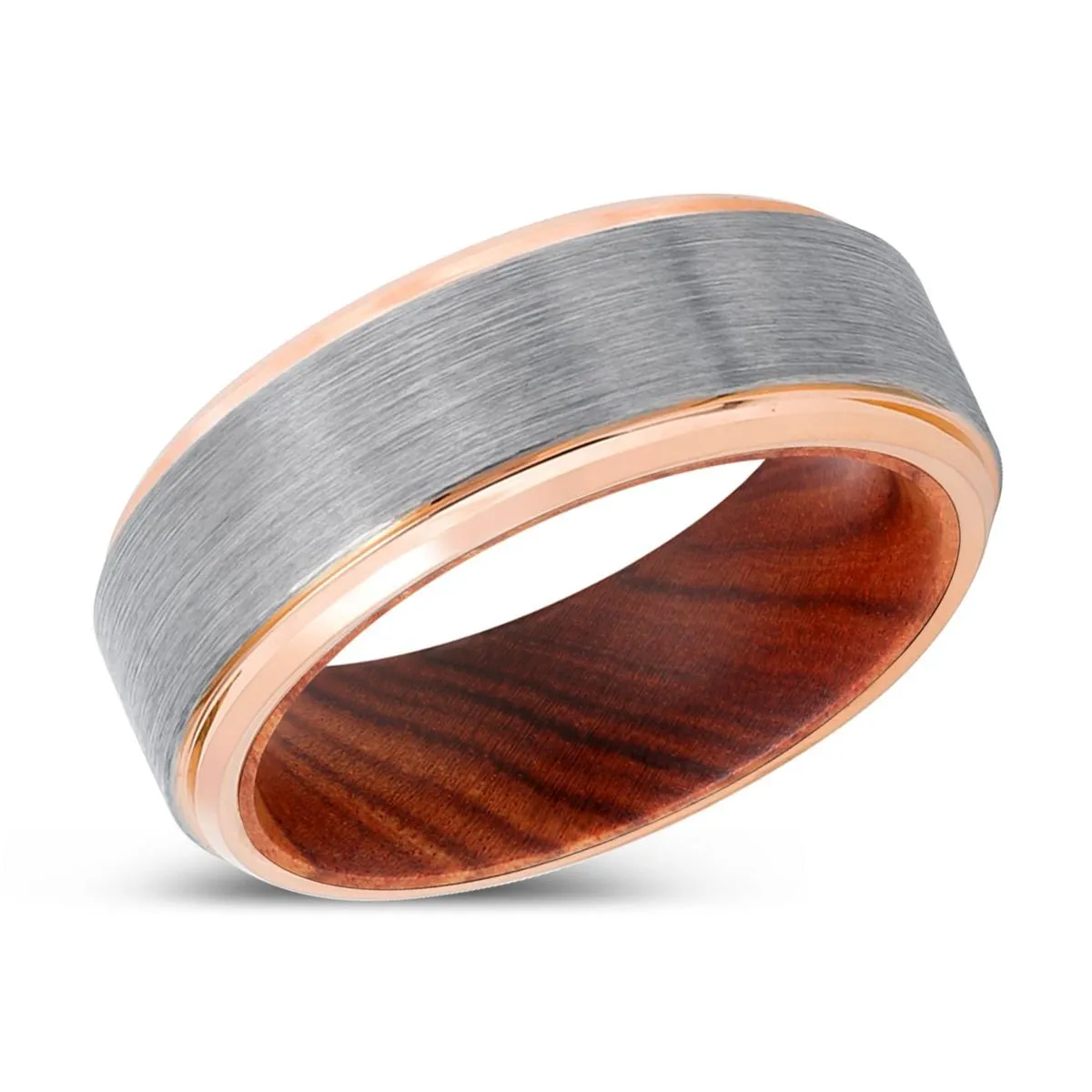 MANTIS | IRON Wood, Silver Tungsten Ring, Brushed, Rose Gold Stepped Edge