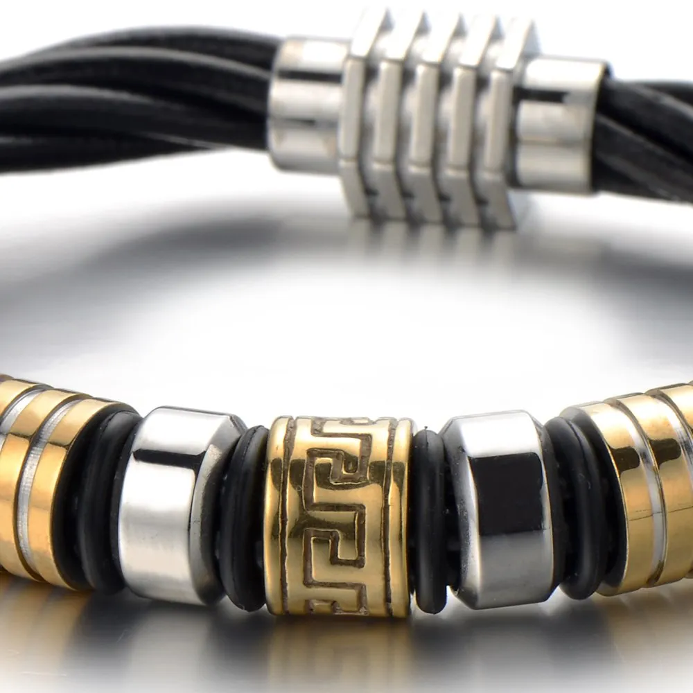 Mens Black Braided Leather Bracelet with Steel Greek Key Charms in Gold Color Bangle Wristband