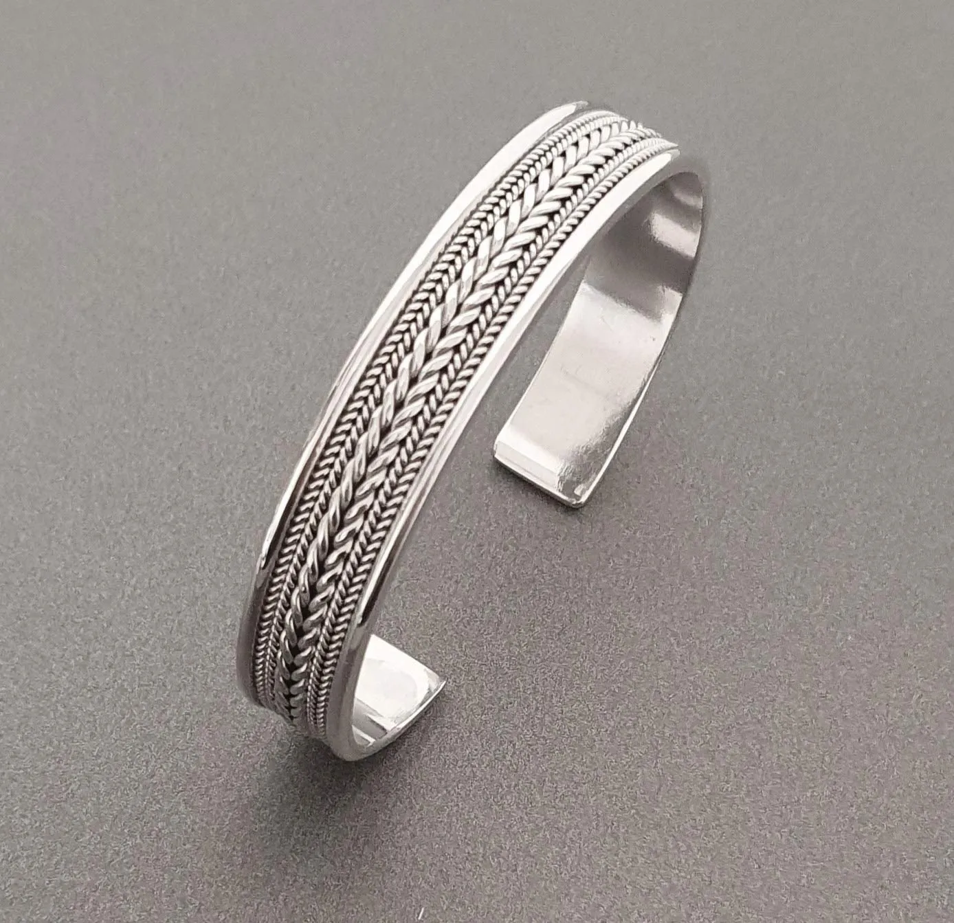 Men’s Braided Sterling Silver Cuff Bangle Bracelet - Adjusable Size