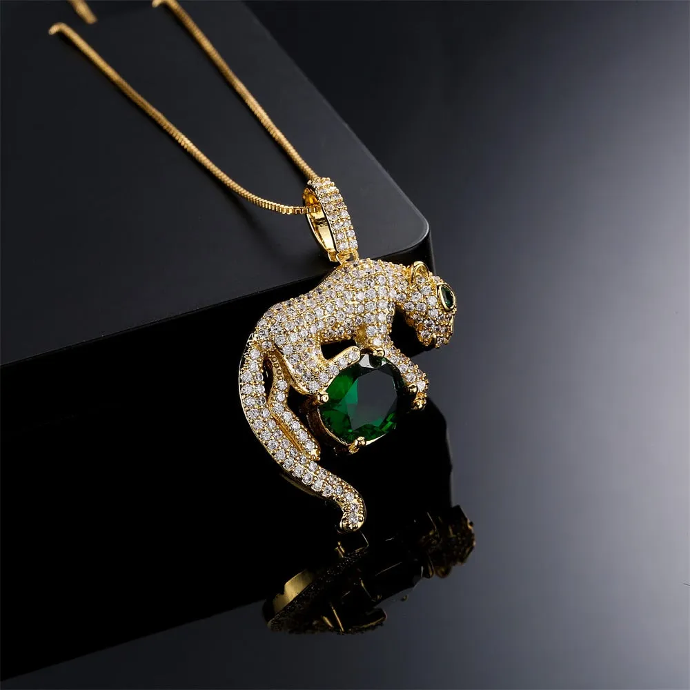 Micro-Pave Gold Plated Created Emerald Leopard Pendant Necklace