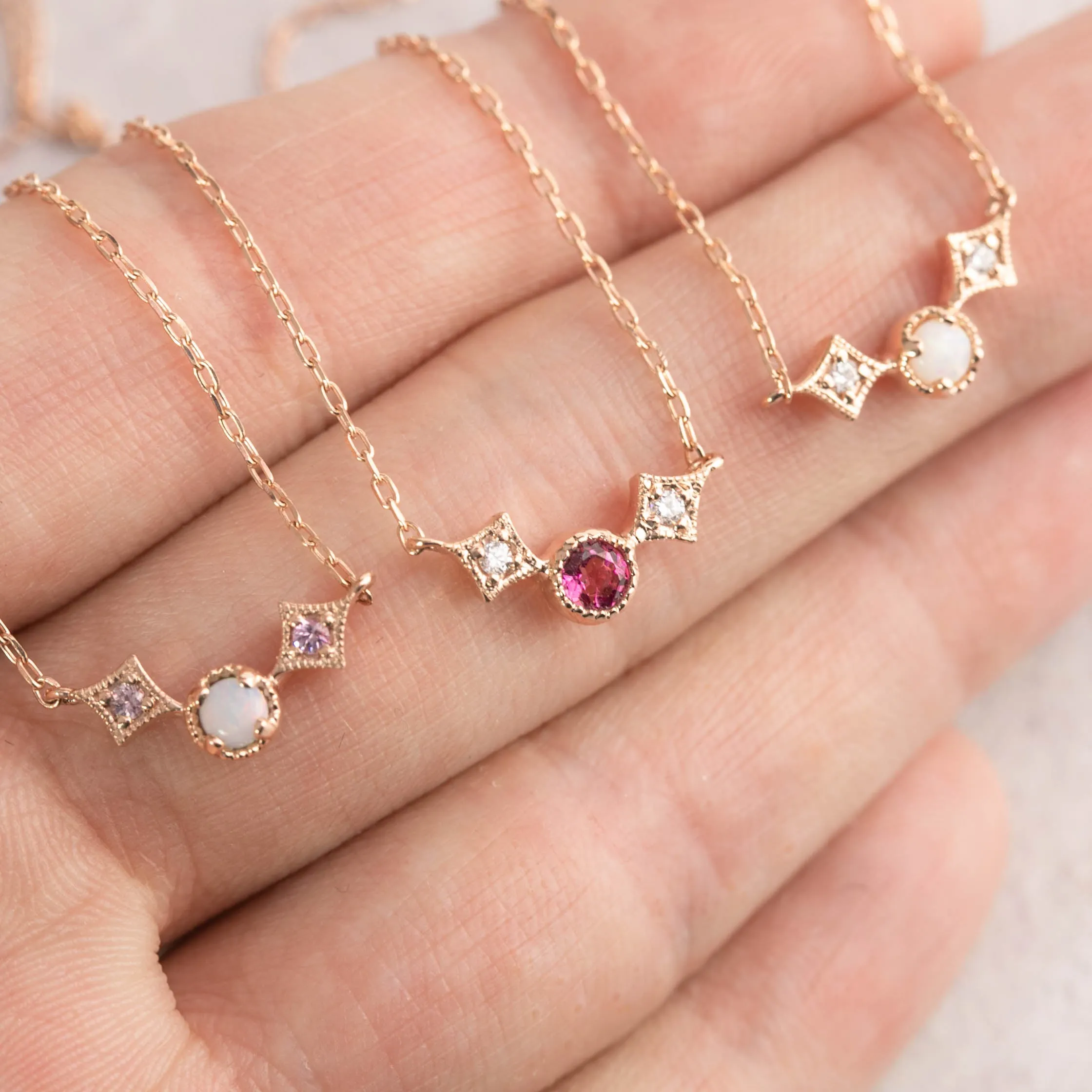 Moon & Star October Birthstone Necklace (Opal & Pink Tourmaline)