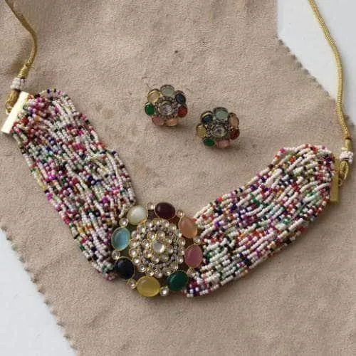 Moti Colored Round Patch Choker And Earring Set