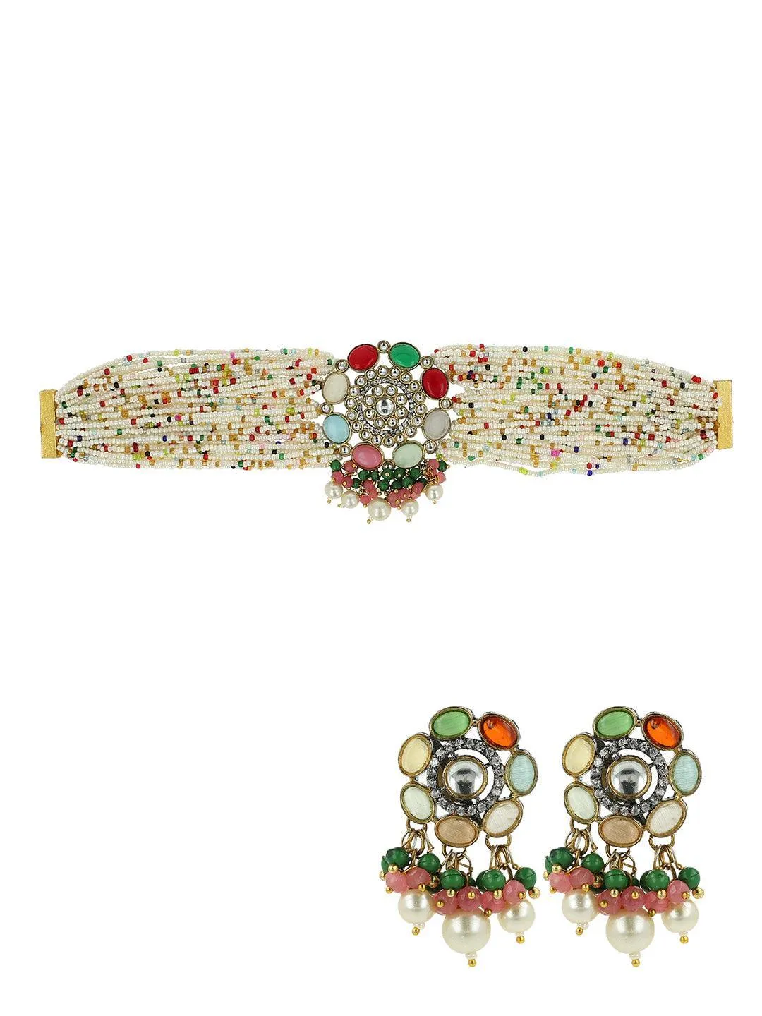 Moti Colored Round Patch Choker And Earring Set