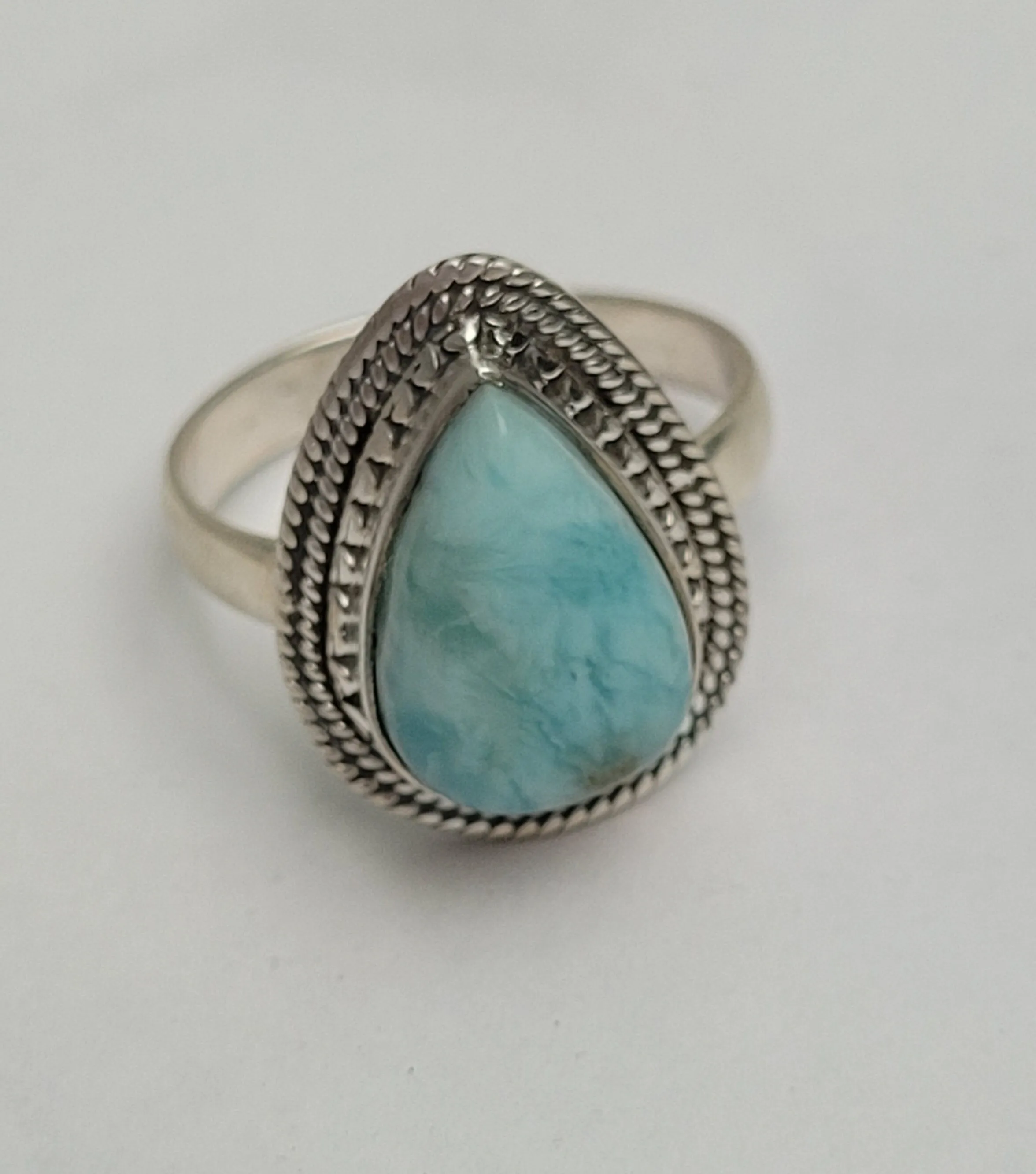 Natural Dominican Larimar Ring, Blue Stone Ring, 925 Sterling Silver Ring, Designer Handmade Statement Ring, Larimar Stone, Tear Drop size 8