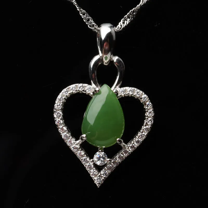 Natural Jade Pendant Nephrite Silver Zircon Heart Pendant ZPT165