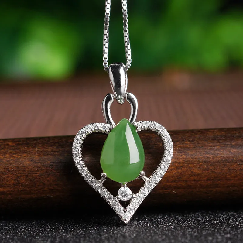 Natural Jade Pendant Nephrite Silver Zircon Heart Pendant ZPT165