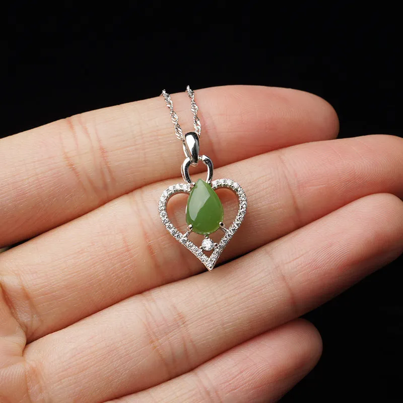 Natural Jade Pendant Nephrite Silver Zircon Heart Pendant ZPT165