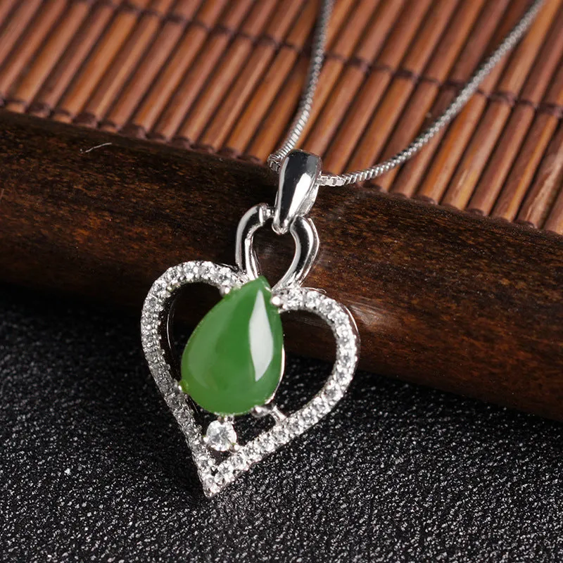 Natural Jade Pendant Nephrite Silver Zircon Heart Pendant ZPT165