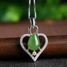 Natural Jade Pendant Nephrite Silver Zircon Heart Pendant ZPT165