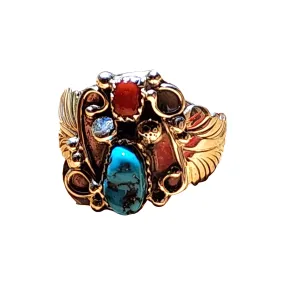 Navajo Turquoise & Coral Ring - Size 10