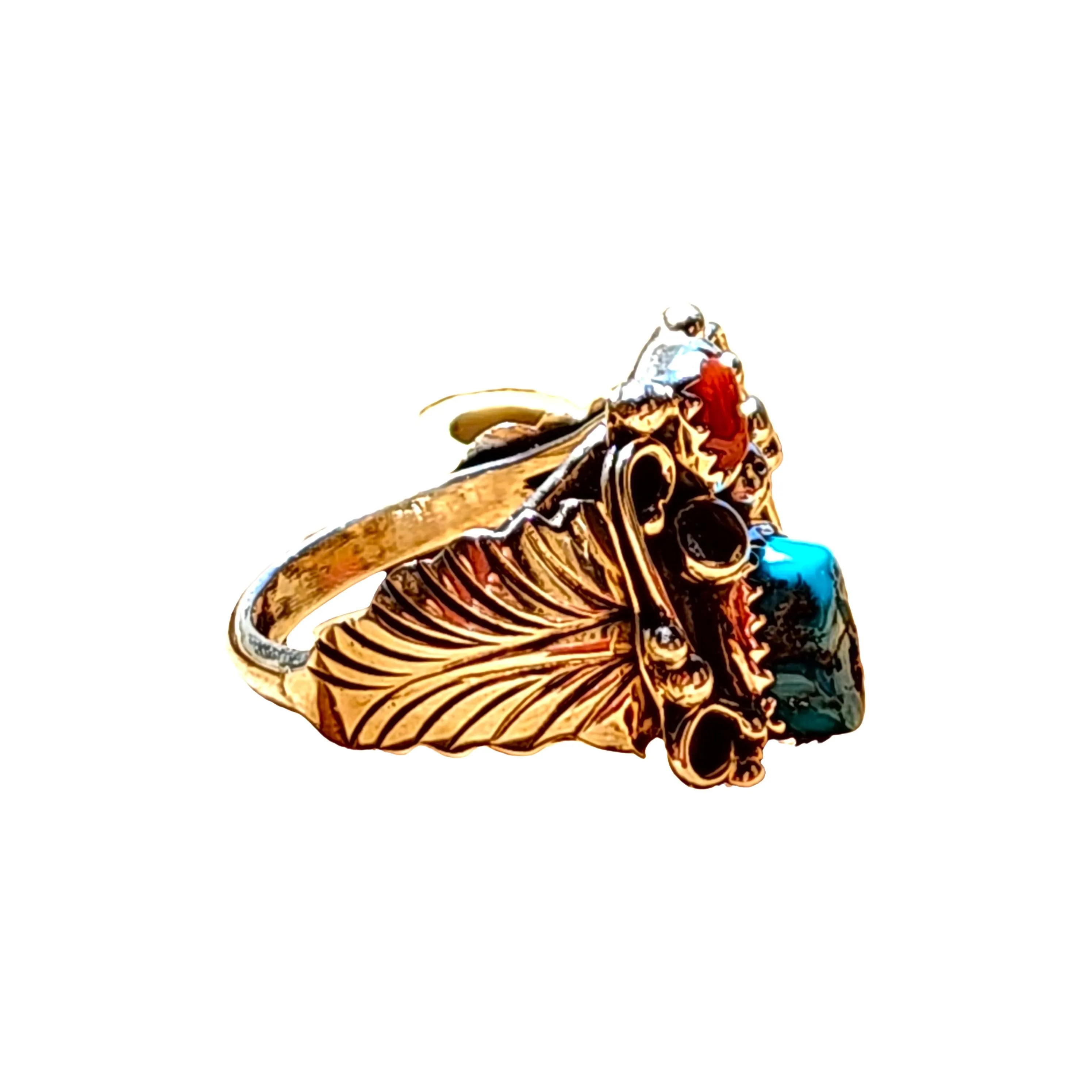 Navajo Turquoise & Coral Ring - Size 10