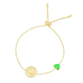 Neon Green Heart & Happy Face Adjustable Bracelet - Yellow Silver