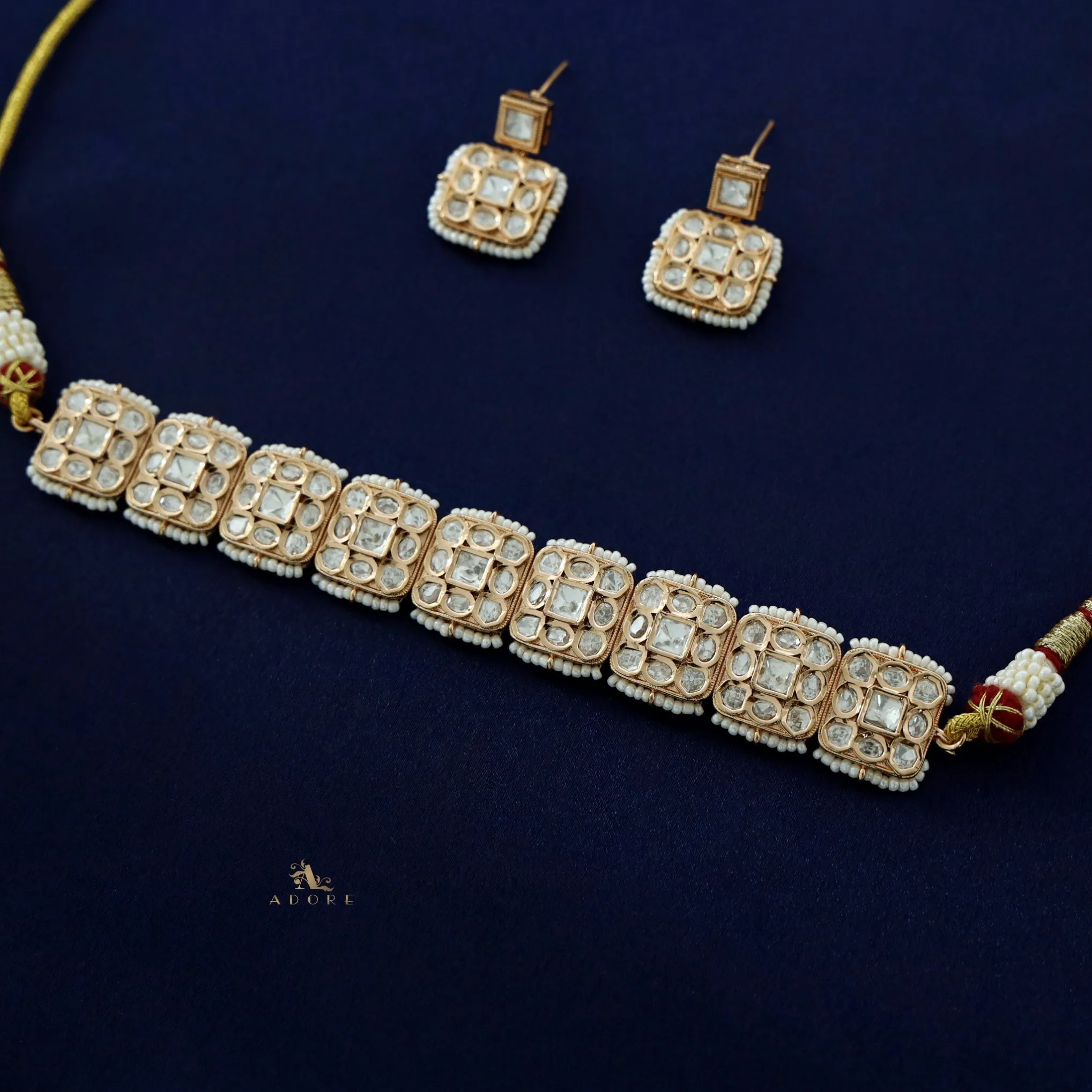 Nikita Premium Squares And Ovals Kundan Choker with Earring