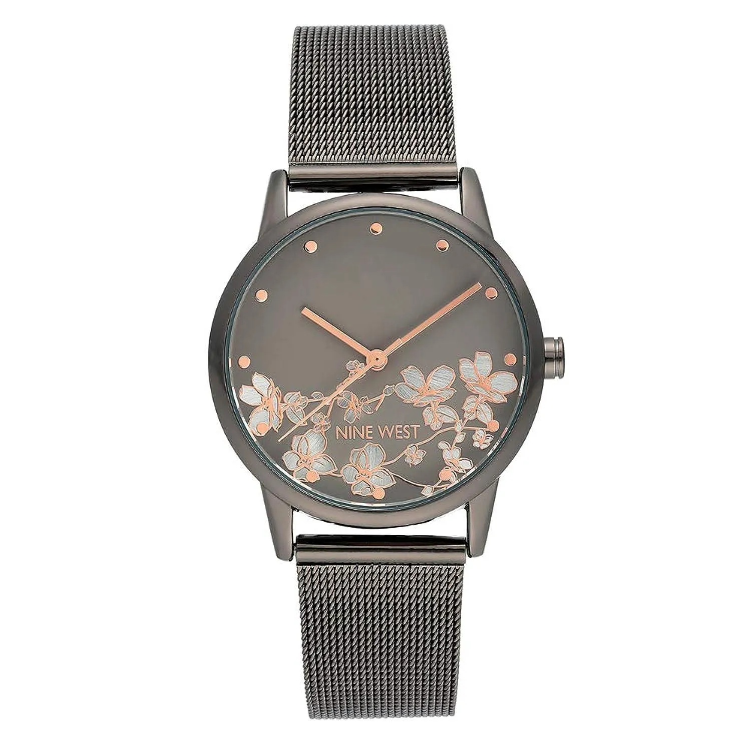 Nine West Women's Floral Dial Mesh Bracelet Watch, Gunmetal, Quartz Movement