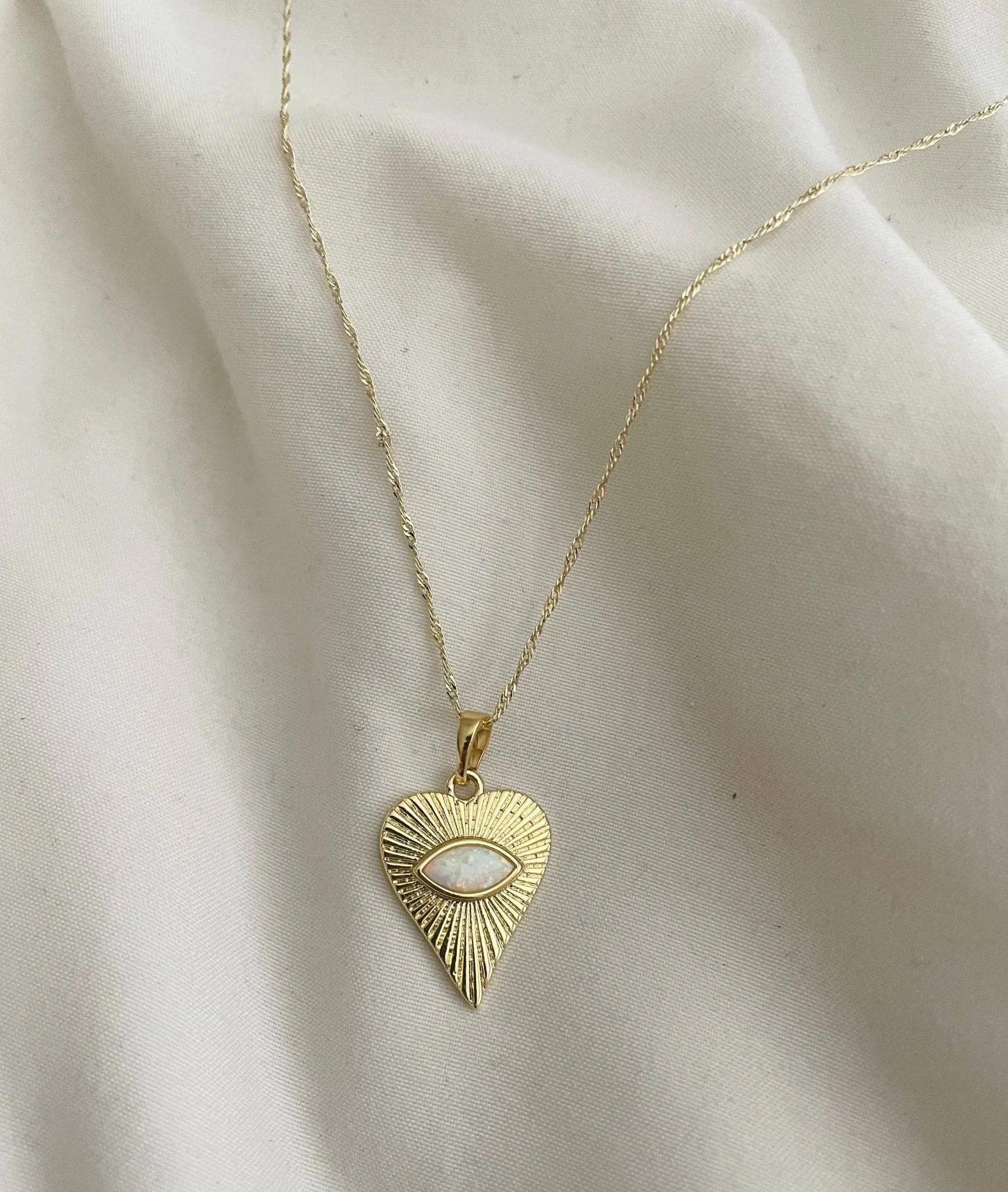 Ocean Heart Opal Necklace .Evil Eye Heart. Gold Filled: White Opal