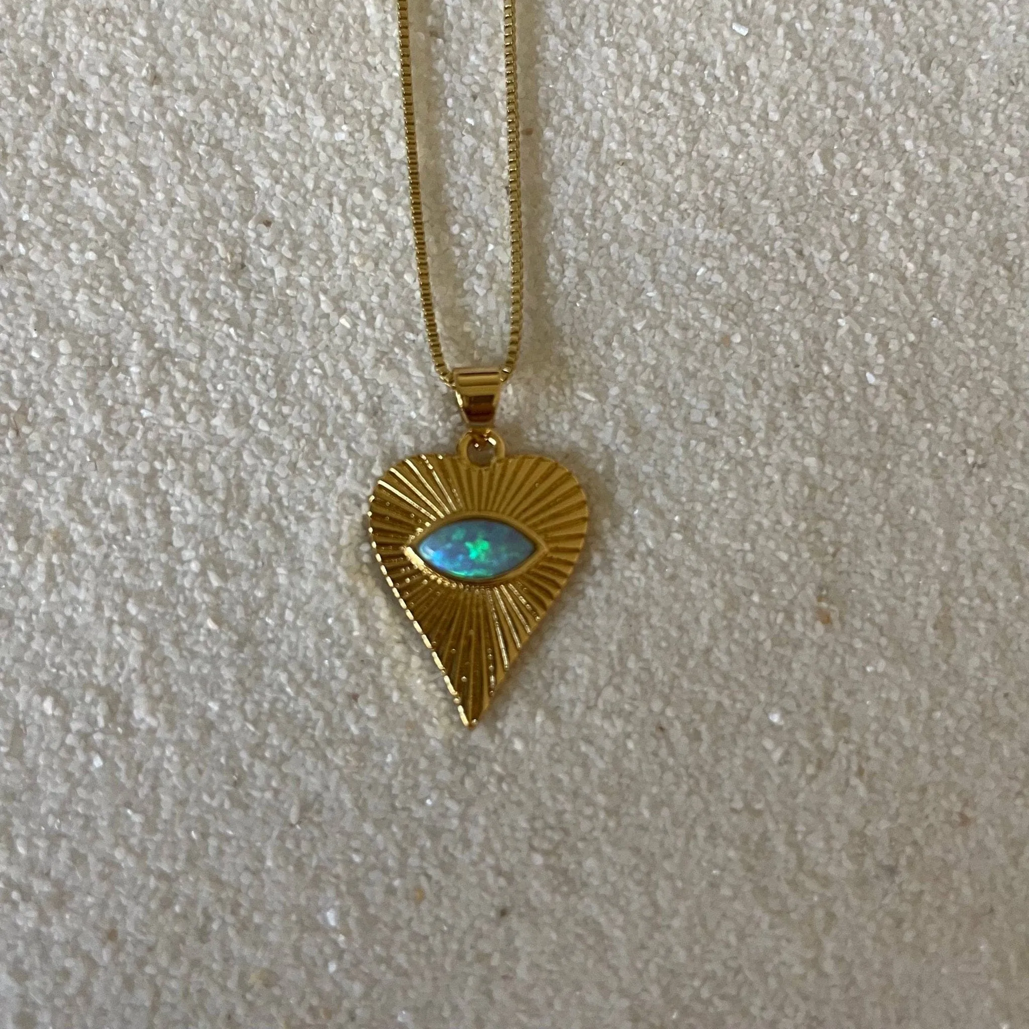 Ocean Heart Opal Necklace .Evil Eye Heart. Gold Filled: White Opal