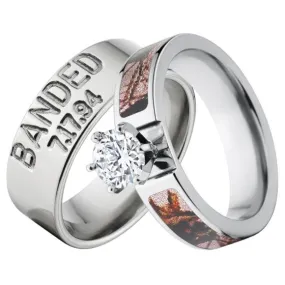 Outdoor His and Her's Pink Camo & Duck Band Wedding Ring Set