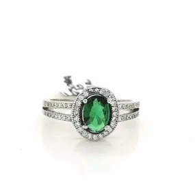 Oval Emerald CZ Silver Ring Size: N