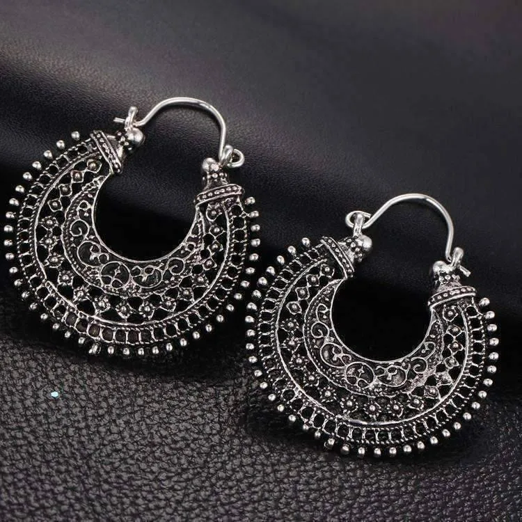 Patina Silver Crescent Hoop Earrings for Women