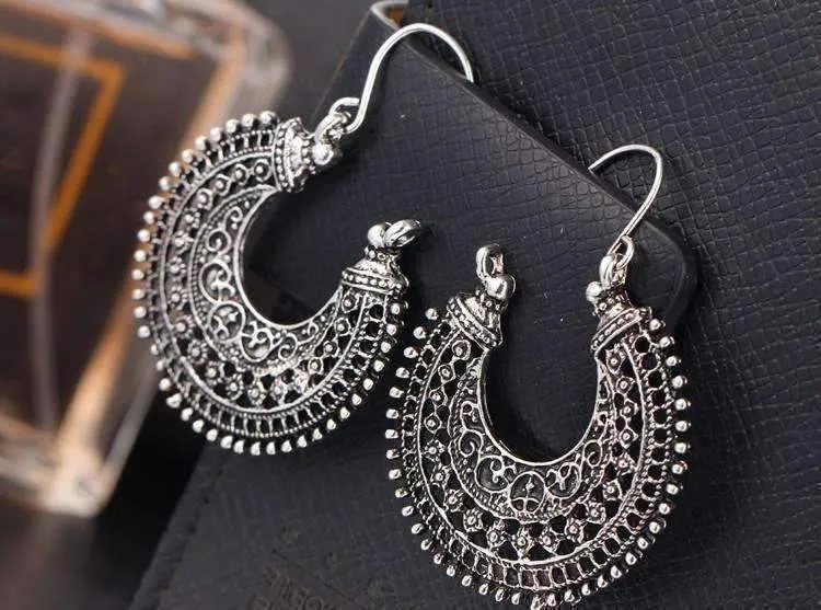 Patina Silver Crescent Hoop Earrings for Women