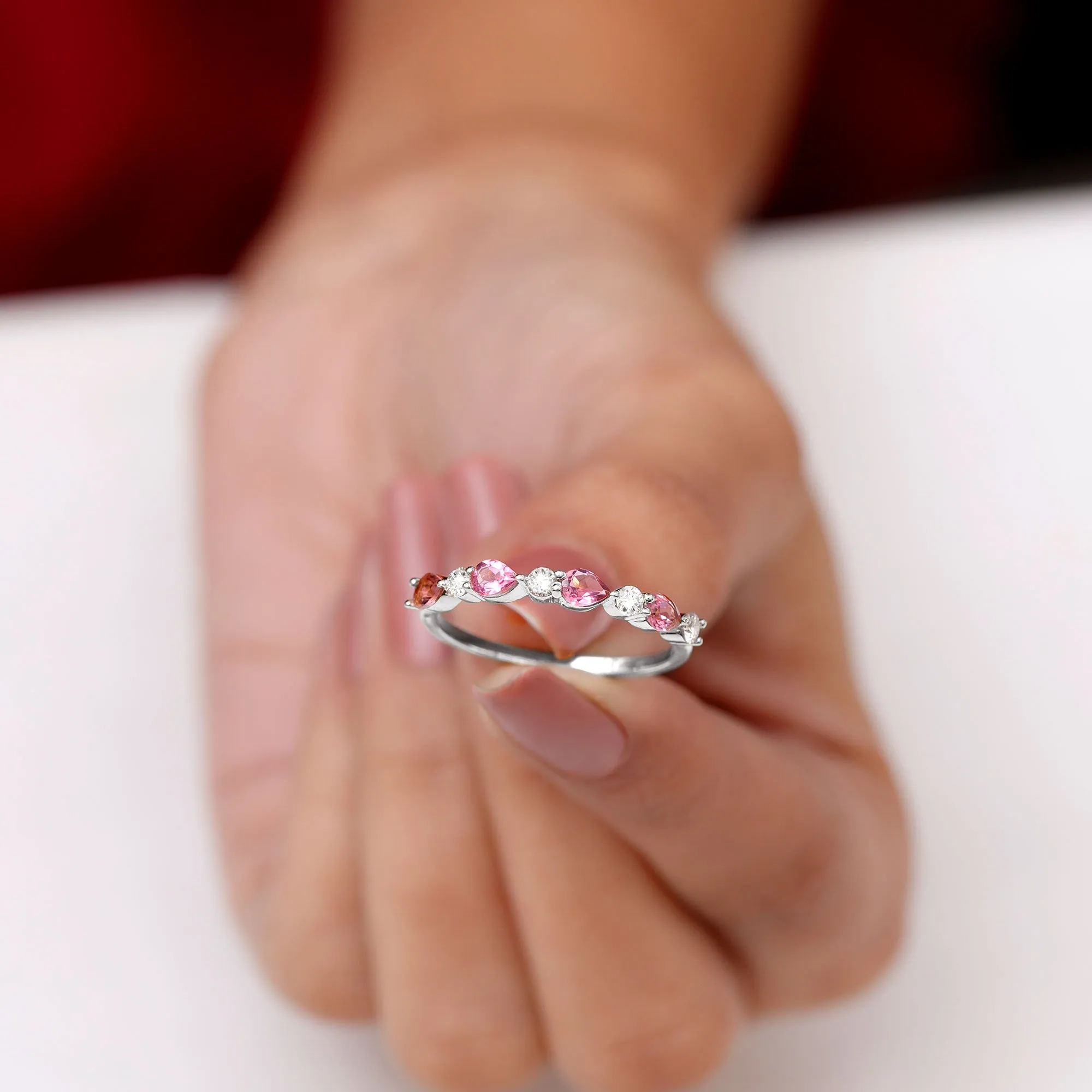 Pear Cut Pink Tourmaline and Diamond Alternate Half Eternity Ring