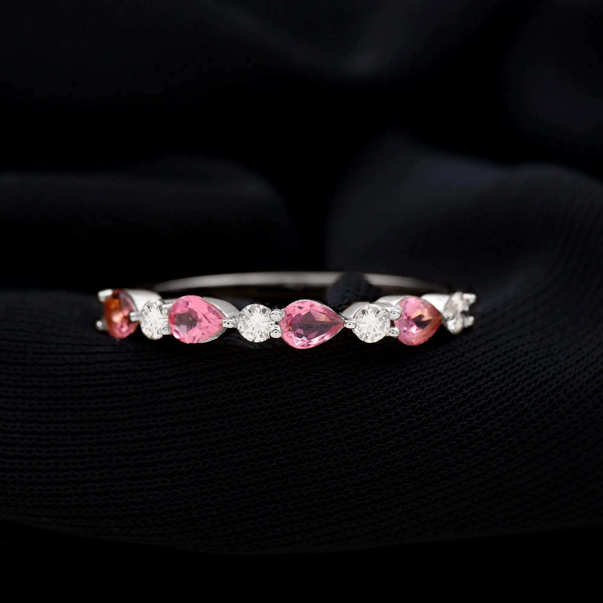 Pear Cut Pink Tourmaline and Diamond Alternate Half Eternity Ring