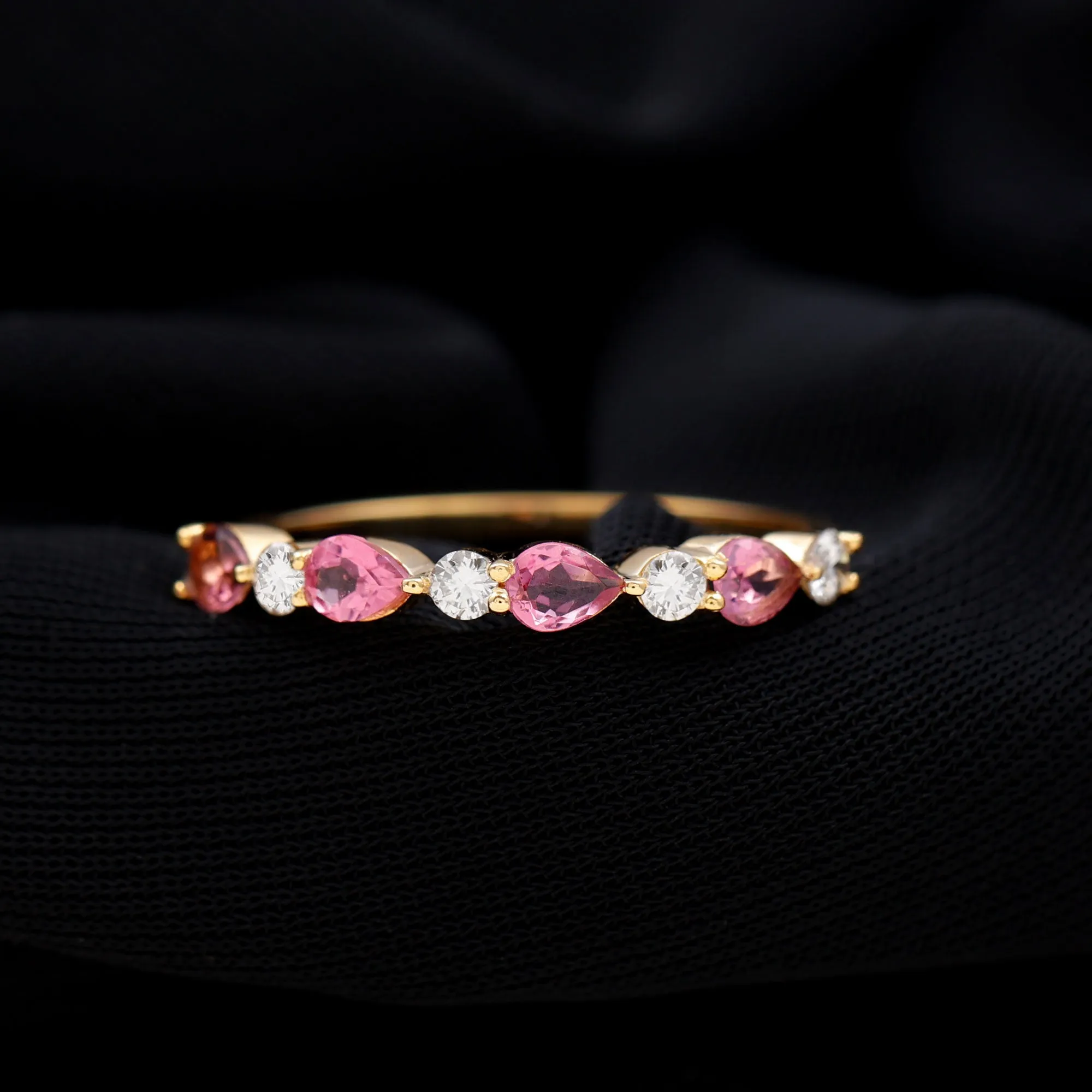 Pear Cut Pink Tourmaline and Diamond Alternate Half Eternity Ring