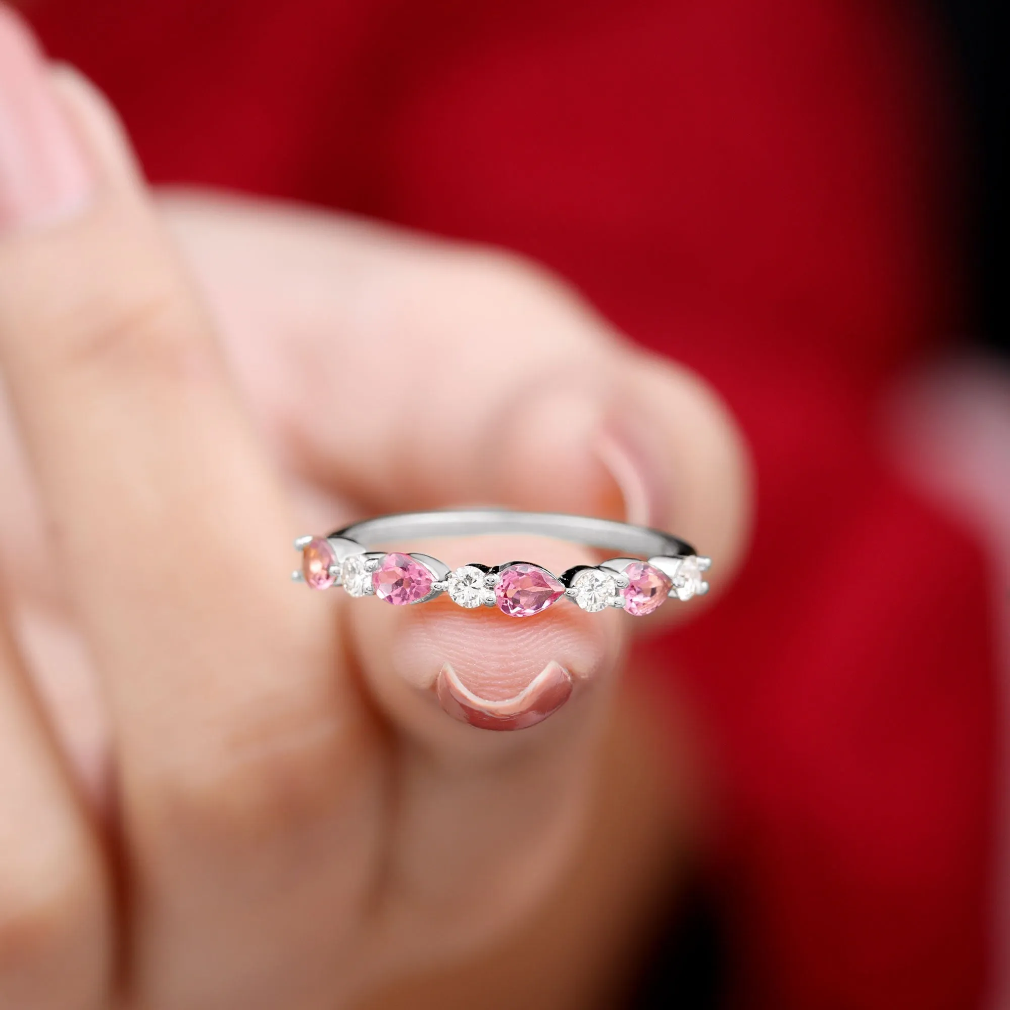 Pear Cut Pink Tourmaline and Diamond Alternate Half Eternity Ring