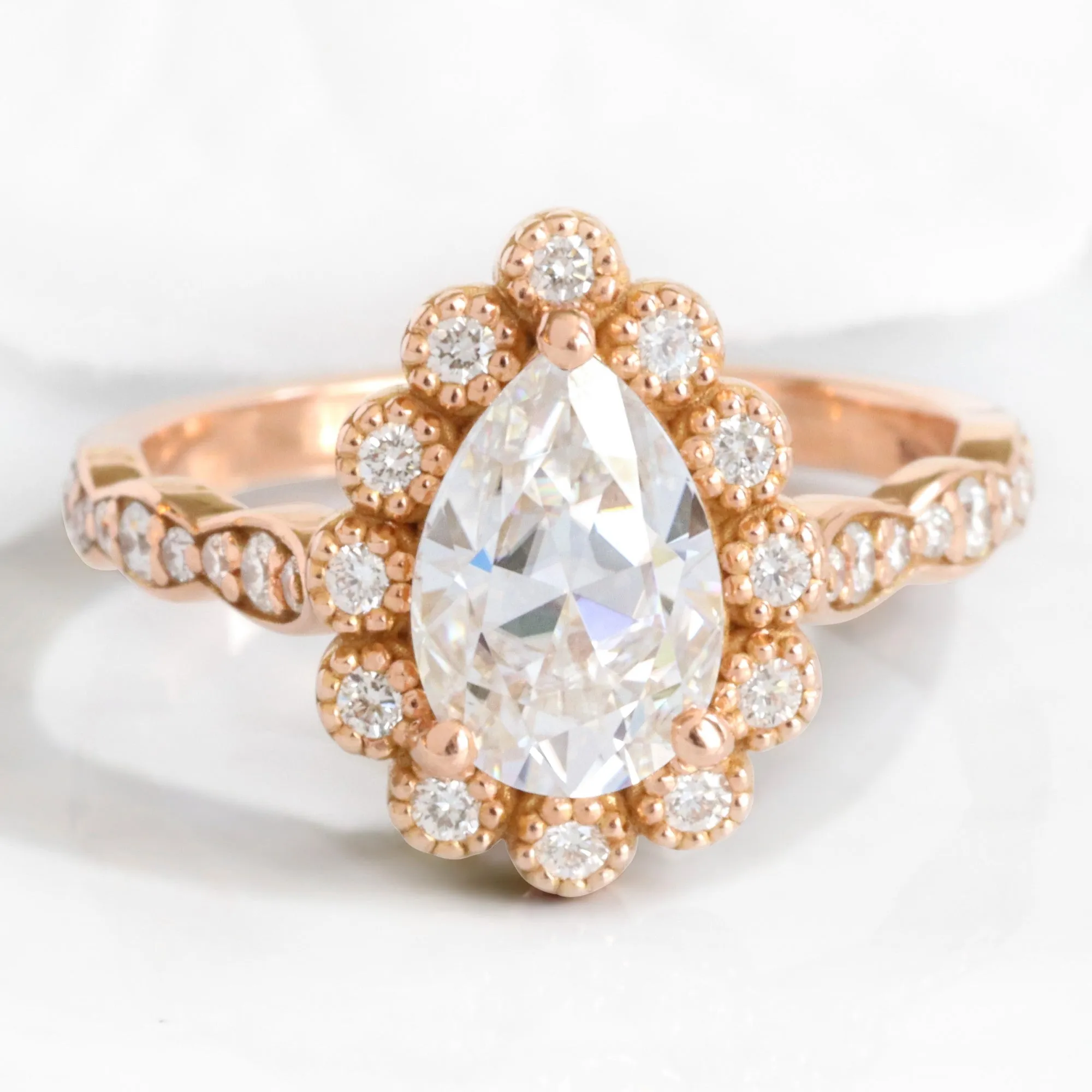 Pear Moissanite Diamond Ring Set w/ Milgrain Wedding Band in Vintage Luna Halo