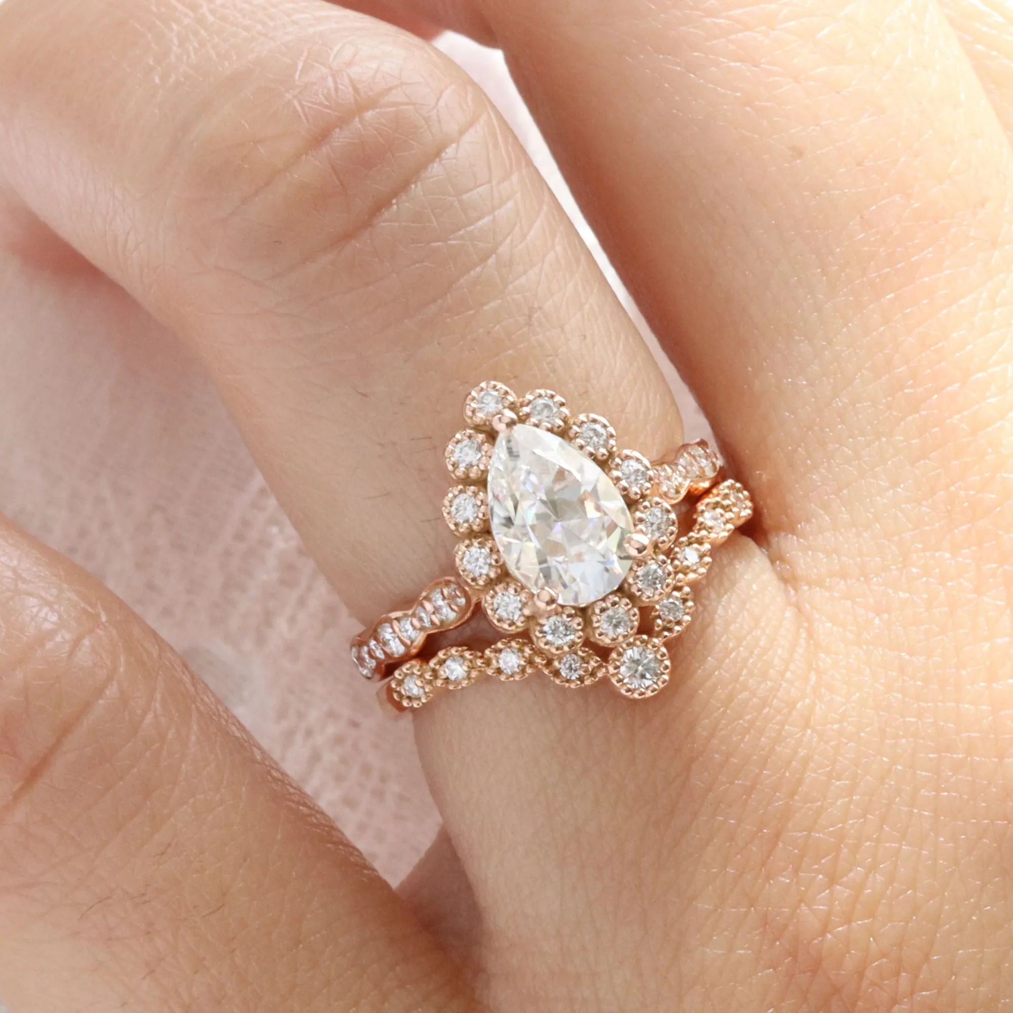 Pear Moissanite Diamond Ring Set w/ Milgrain Wedding Band in Vintage Luna Halo