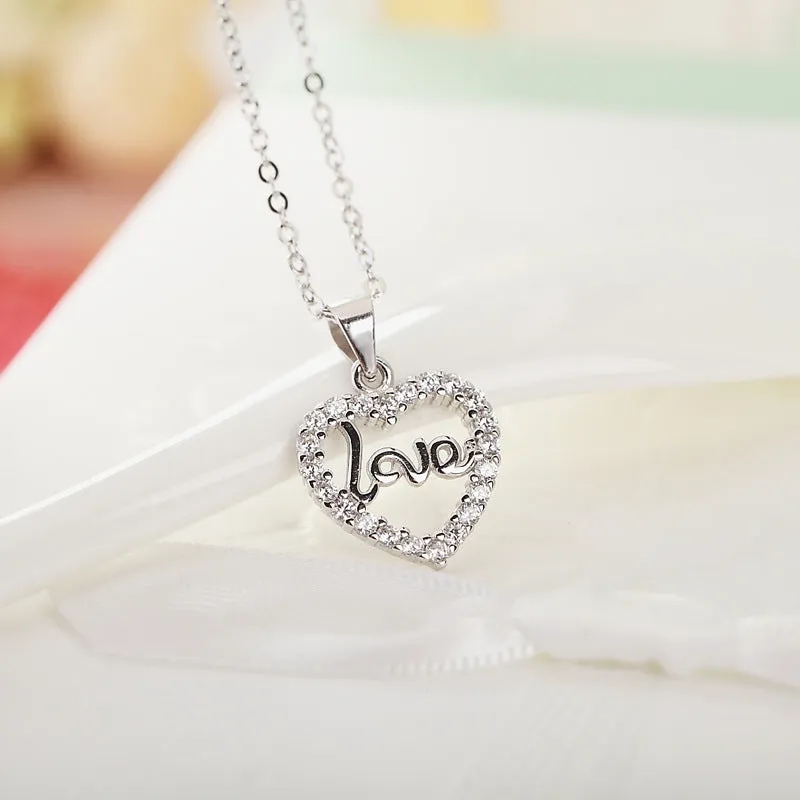 (Pendant Only) Valentine's Day Gift Zircon Heart with LOVE Letter Silver Pendant for Women