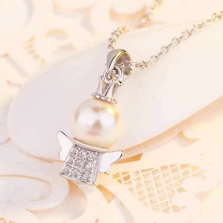 (Pendant Only) Zircon Angel with Pearl Silver Pendant for Women