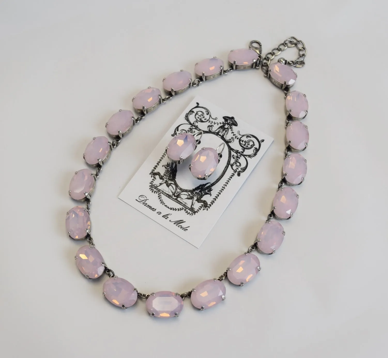 Pink Opal Crystal Collet Necklace - Large Oval