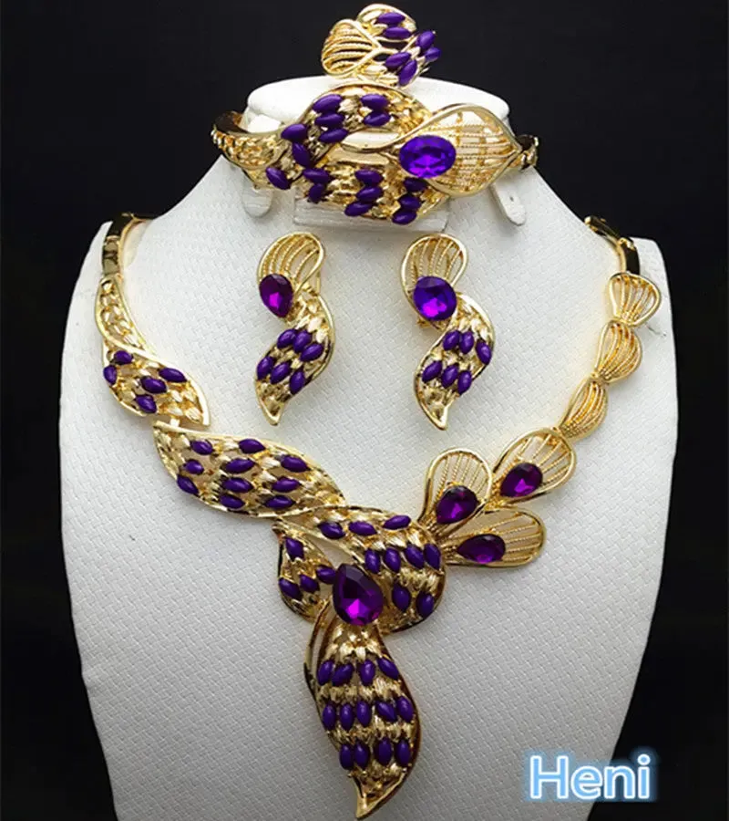 Purple Flower Gold Plated Necklace Bangle Earring Bridal Wedding Party Set