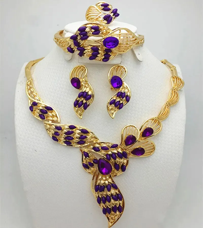 Purple Flower Gold Plated Necklace Bangle Earring Bridal Wedding Party Set