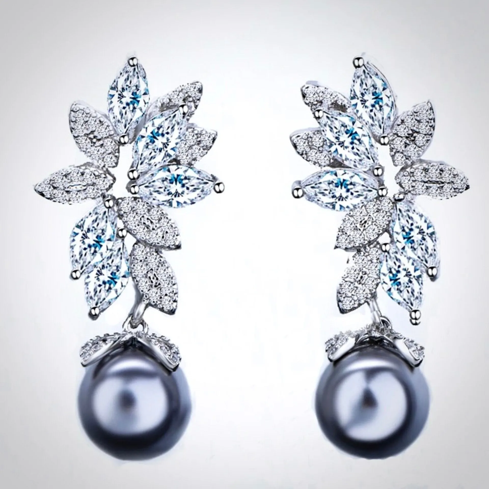 "Ida" - Gray Pearl and Cubic Zirconia Bridal Earrings