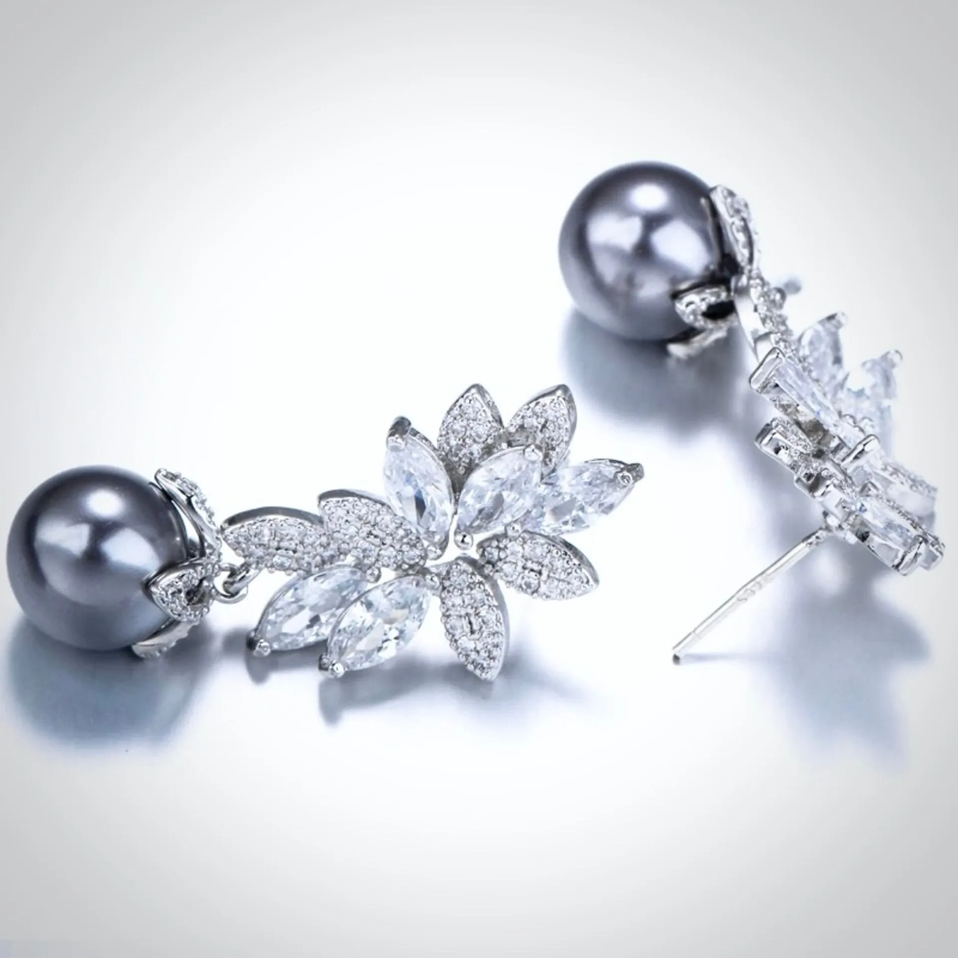 "Ida" - Gray Pearl and Cubic Zirconia Bridal Earrings