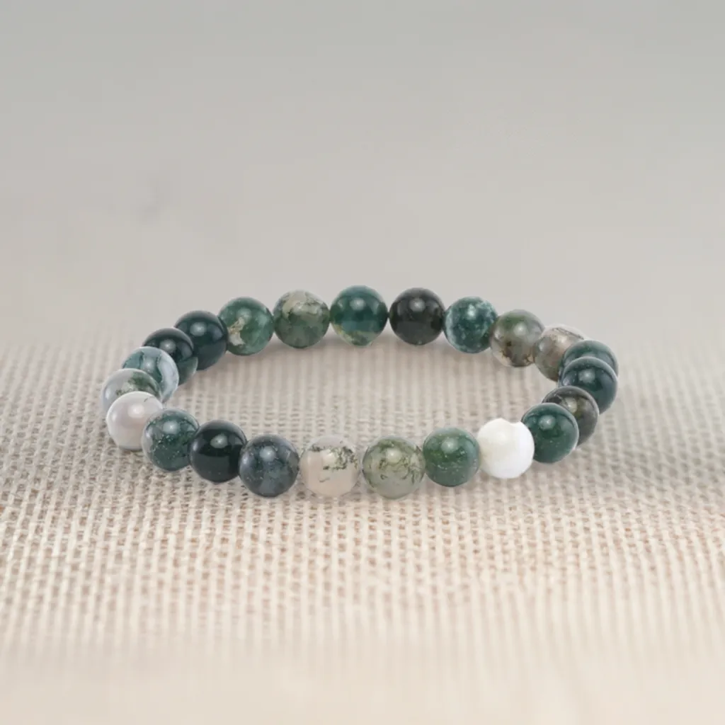 Real Green Moss Agate Beaded Elastic Bracelet – Healing Crystal Jewelry for Men & Women