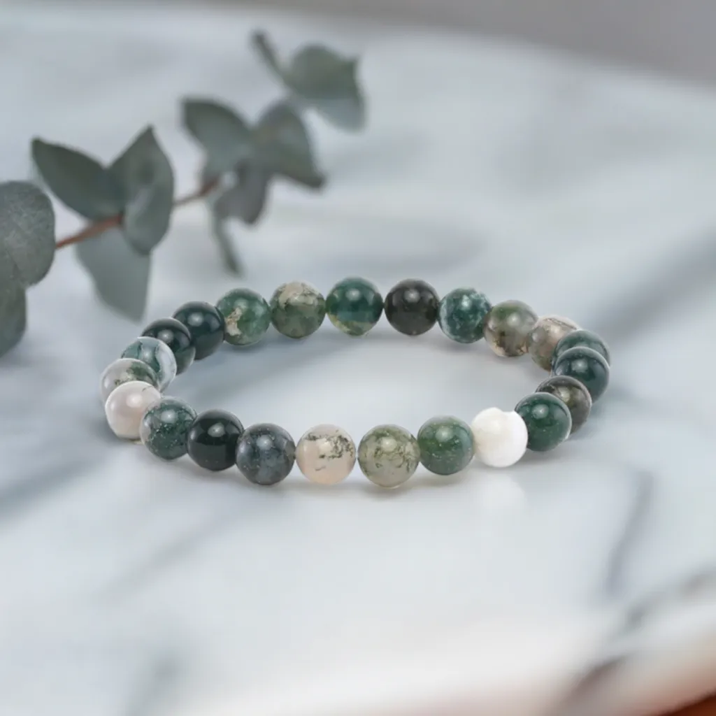 Real Green Moss Agate Beaded Elastic Bracelet – Healing Crystal Jewelry for Men & Women