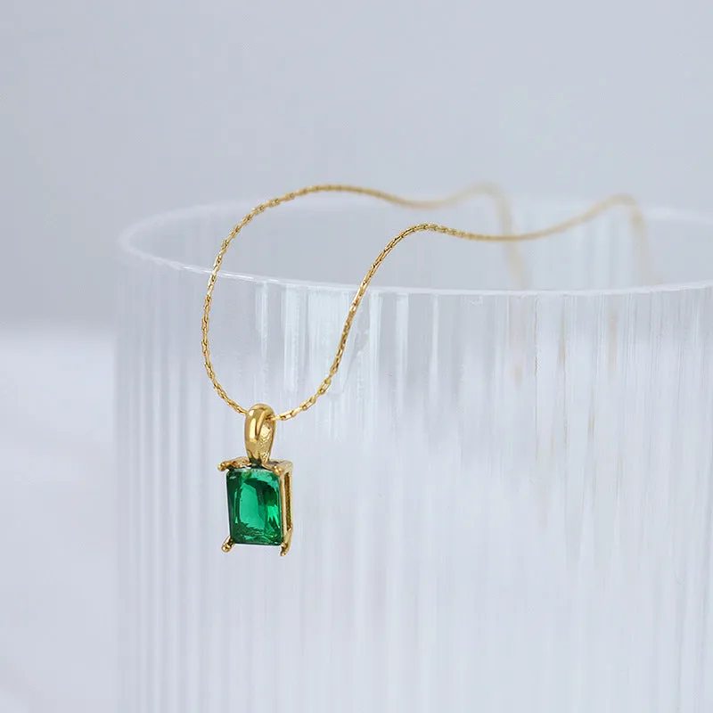 Regal Emerald Zircon Pendant with Gold Plated Titanium Steel Chain - Female Jewelry