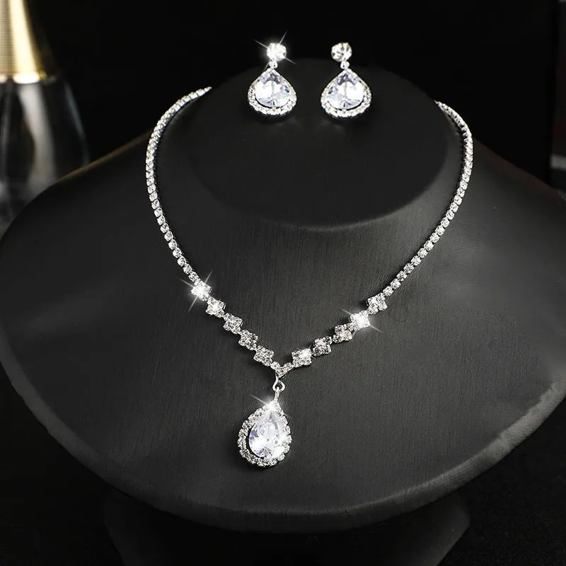 Rhinestone zircon necklace and earrings two-piece set bride wedding dress necklace accessories